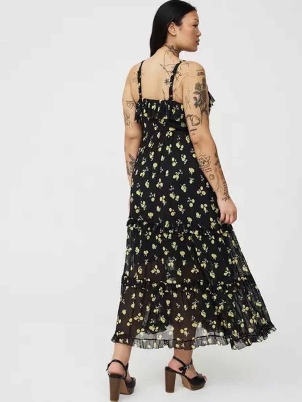 🍋Nwot Torrid 0x Mesh V-Neck Tiered Maxi Dress~Lotta lemons black - Women's🍋 - Picture 3 of 10